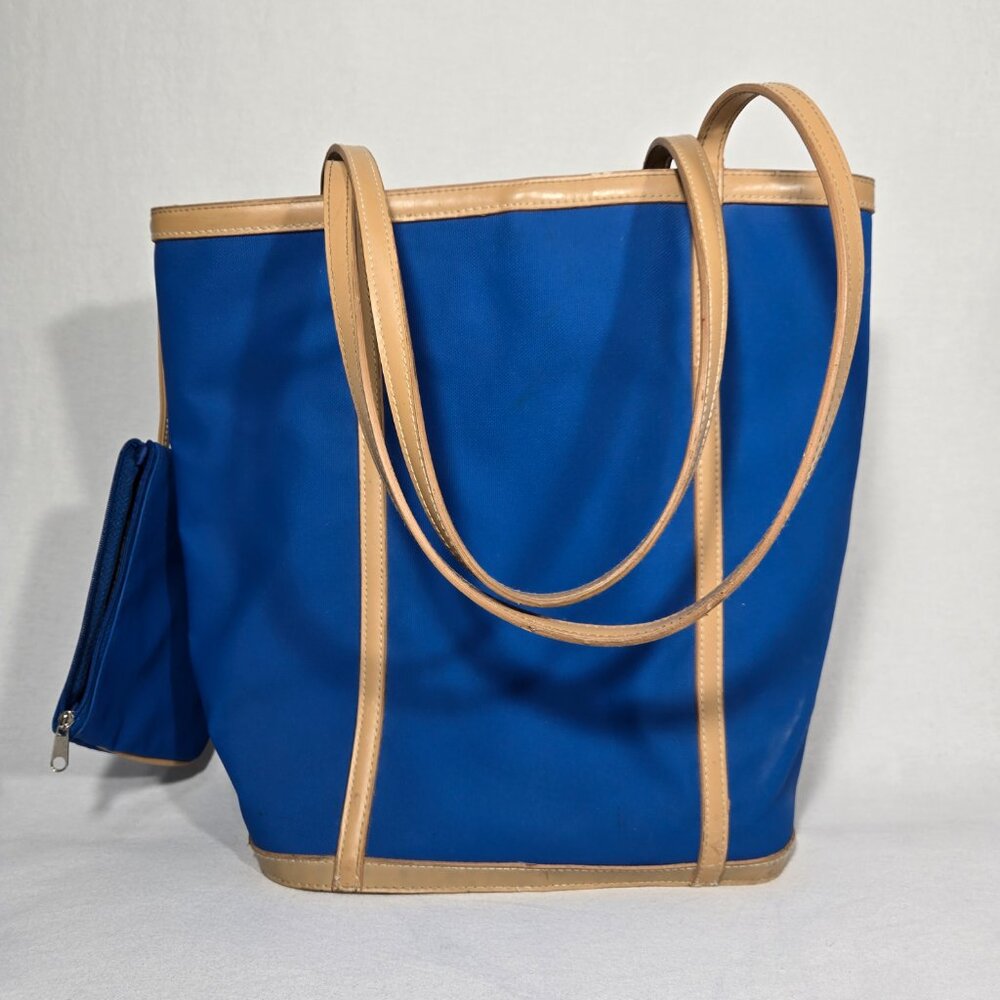 VINTAGE 90s Y2K Whitney Blue Canvas & Tan Trim Open Top Structure Roomy Tote Bag - Picture 3 of 17